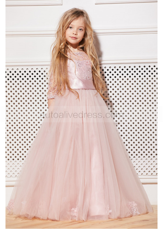 Blush Pink Lace Tulle Corset Back Long Flower Girl Dress